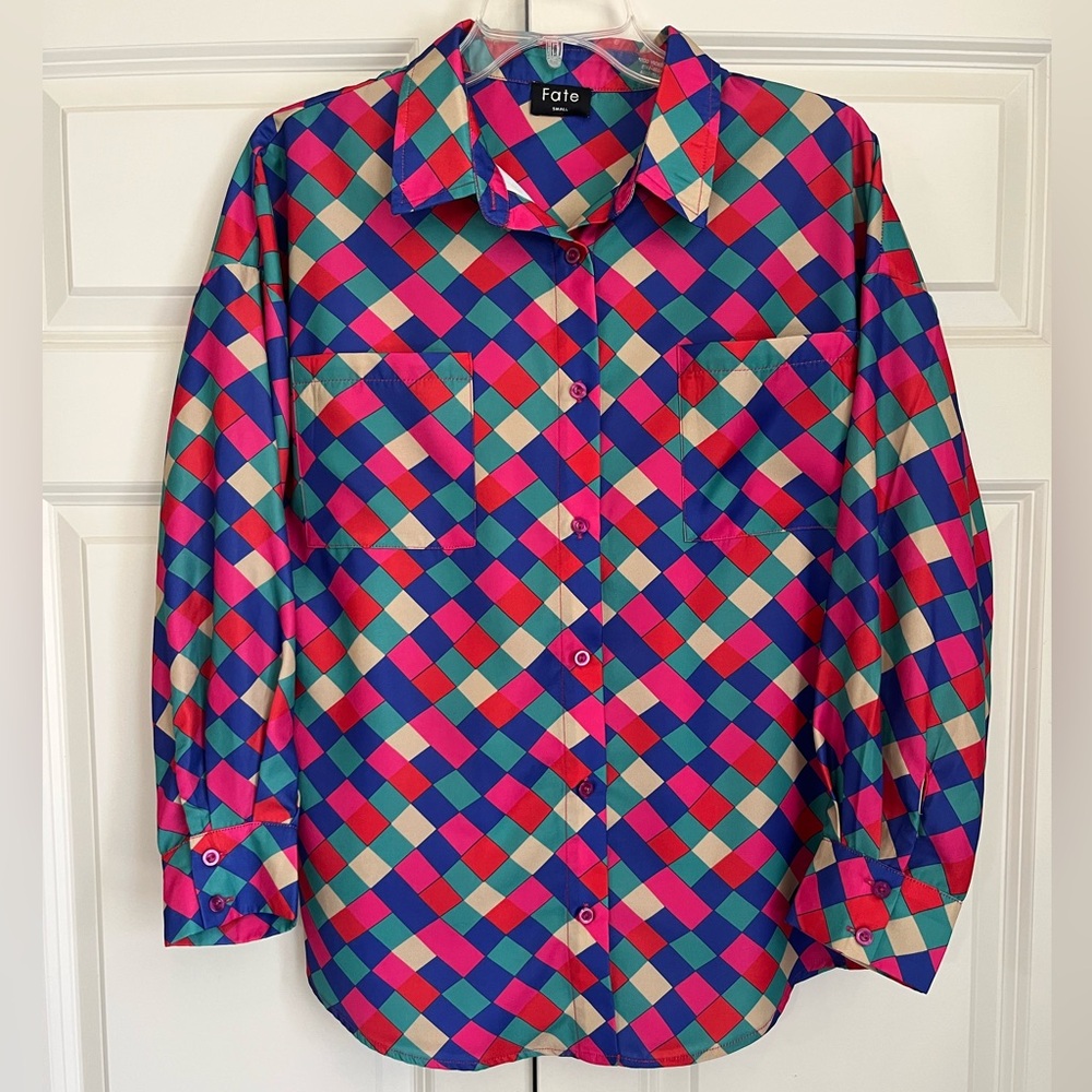 Fate Silky Color Block Button Down Top Small - image 1